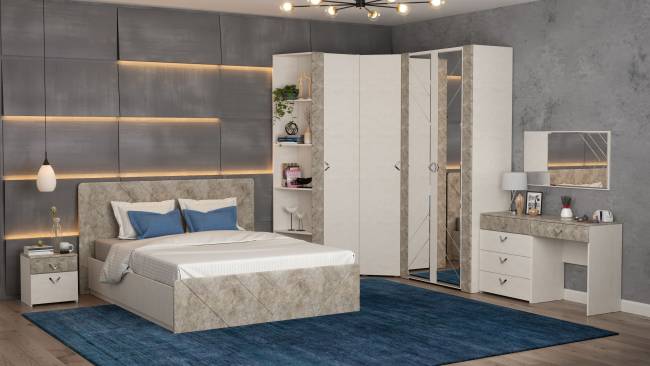 Кровать 1600 с подъёмным ортопедическим основанием и тумбочкой Амели 11.31 цвет шёлковый камень/бетон чикаго беж