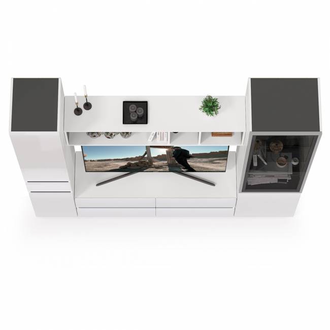 Стенка для гостиной Сидней Комплектация № 23 цвет белый/чёрный/фасады МДФ белый глянец