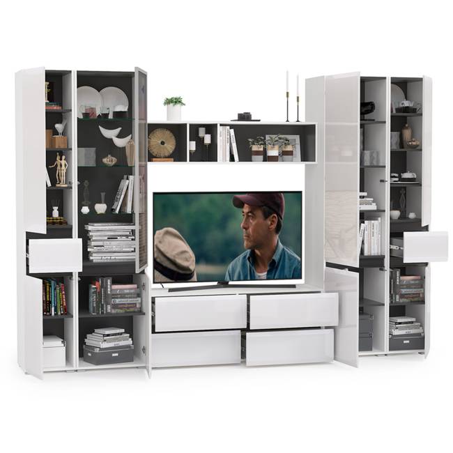 Большая стенка для гостиной Сидней № 30 цвет белый/чёрный/фасады МДФ белый глянец