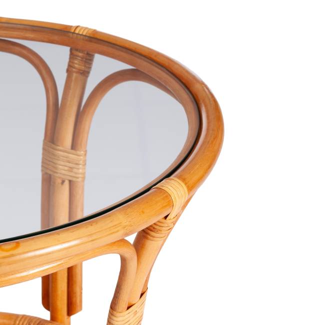 ТЕРРАСНЫЙ КОМПЛЕКТ "PELANGI" (стол со стеклом + 2 кресла) / с подушками / ротанг, кресло 65х65х77см, стол диаметр 64х61см, Honey (мед) Honey (мед) ротанг