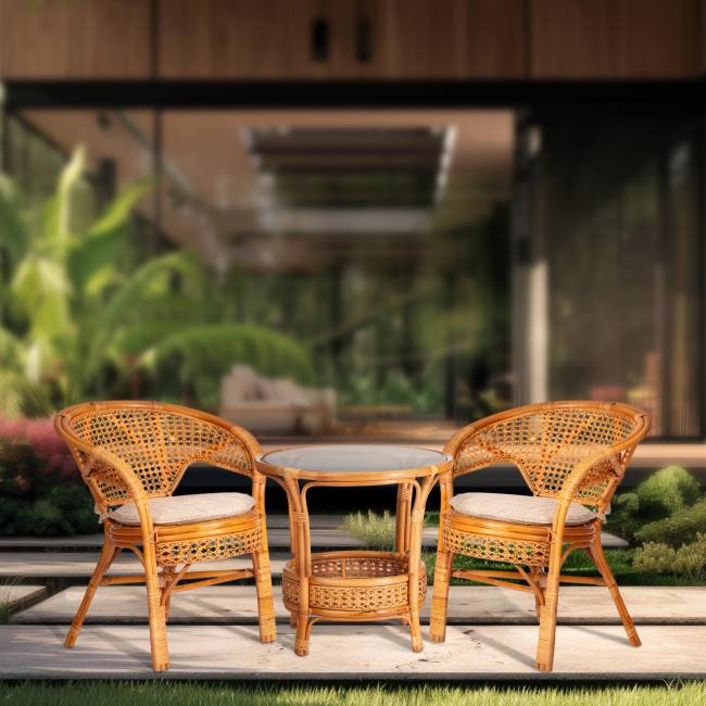 ТЕРРАСНЫЙ КОМПЛЕКТ "PELANGI" (стол со стеклом + 2 кресла) / с подушками / ротанг, кресло 65х65х77см, стол диаметр 64х61см, Honey (мед) Honey (мед) ротанг