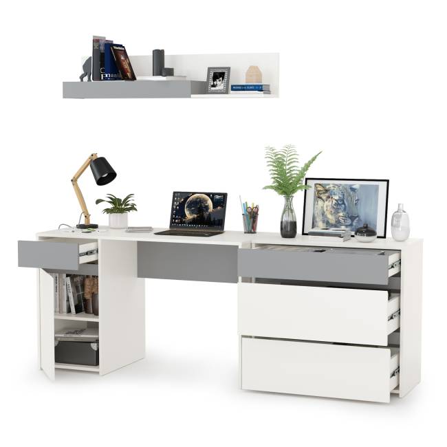 Стол компьютерный с верхней полкой и комодом Торонто цвет белый шагрень/стальной серый Стол компьютерный с верхней полкой и комодом Торонто цвет белый шагрень/стальной серый
