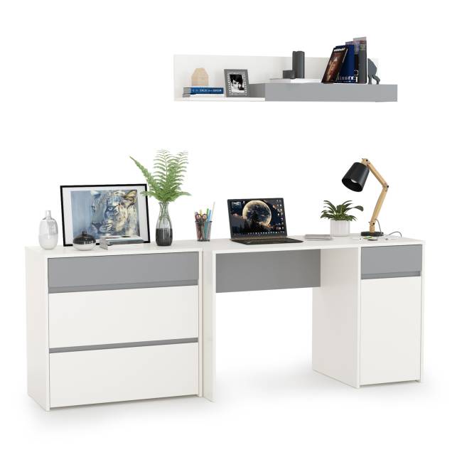 Стол компьютерный с верхней полкой и комодом Торонто цвет белый шагрень/стальной серый Стол компьютерный с верхней полкой и комодом Торонто цвет белый шагрень/стальной серый