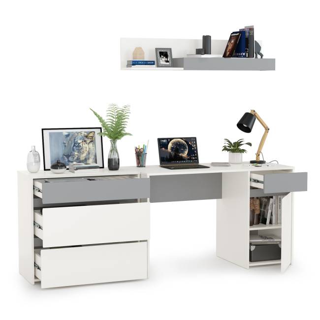 Стол компьютерный с верхней полкой и комодом Торонто цвет белый шагрень/стальной серый Стол компьютерный с верхней полкой и комодом Торонто цвет белый шагрень/стальной серый