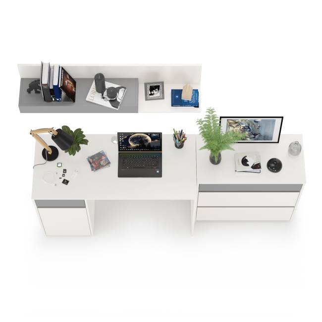 Стол компьютерный с верхней полкой и комодом Торонто цвет белый шагрень/стальной серый Стол компьютерный с верхней полкой и комодом Торонто цвет белый шагрень/стальной серый