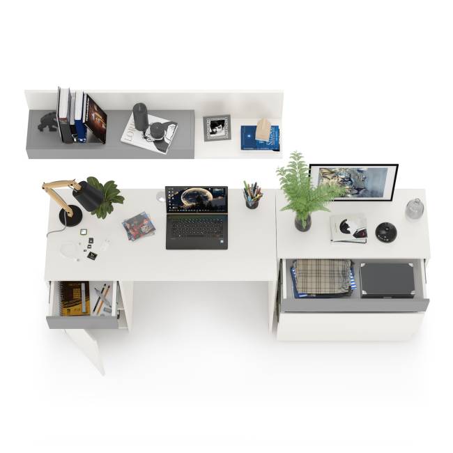 Стол компьютерный с верхней полкой и комодом Торонто цвет белый шагрень/стальной серый Стол компьютерный с верхней полкой и комодом Торонто цвет белый шагрень/стальной серый