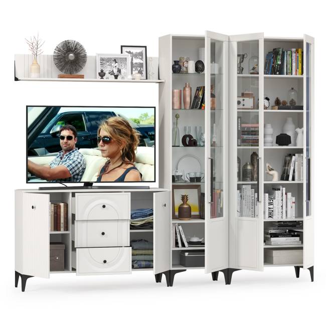 Комод для ТВ-аппаратуры с навесной полкой и широкий сервант Валенсия цвет белый шагрень Комод для ТВ-аппаратуры с навесной полкой и широкий сервант Валенсия цвет белый шагрень