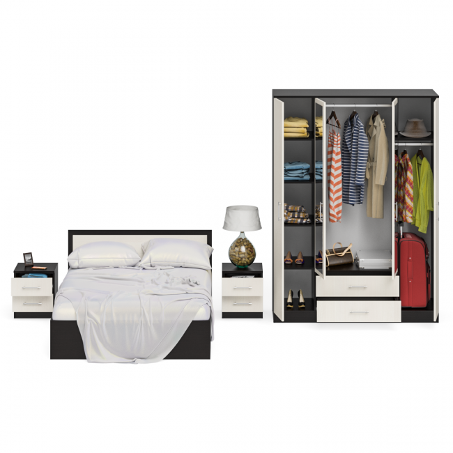 Гарнитур спальный Фиеста Кровать 1400 + Две тумбы + Шкаф 4-х створчатый цвет венге/дуб лоредо Гарнитур спальный Фиеста Кровать 1400 + Две тумбы + Шкаф 4-х створчатый цвет венге/дуб лоредо