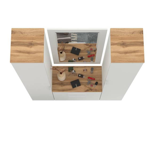 Два шкаф-пенала и обувница с ящиком с зеркалом Октава цвет белый шагрень/дуб крафт золотой