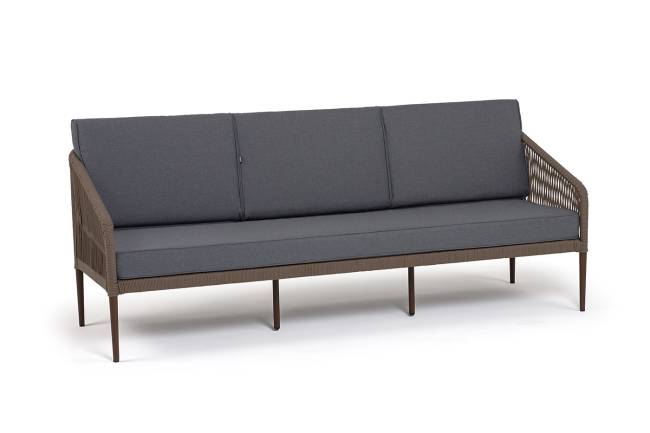 "Канны" диван 3-местный плетеный из роупа, каркас алюминий темно-серый (RAL7024) шагрень, роуп темно-серый круглый, ткань темно-серая 019