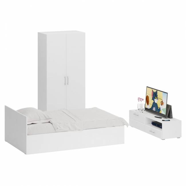 Спальня белая Стандарт № 3 с кроватью 1200 цвет белый/фасады ТВ тумбы МДФ белый глянец Спальня белая Стандарт № 3 с кроватью 1200 цвет белый/фасады ТВ тумбы МДФ белый глянец