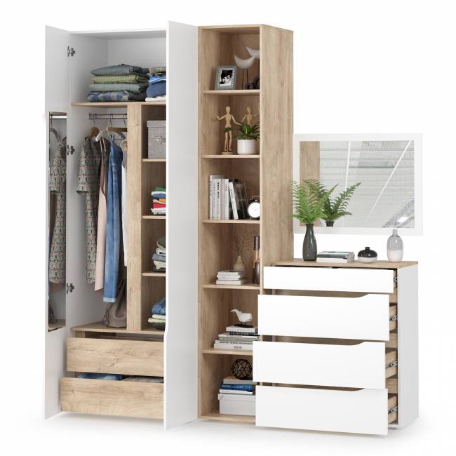 Комплект Муссон Шкаф + Стеллаж + Комод + Зеркало цвет белый/дуб эндгрейн элегантный
