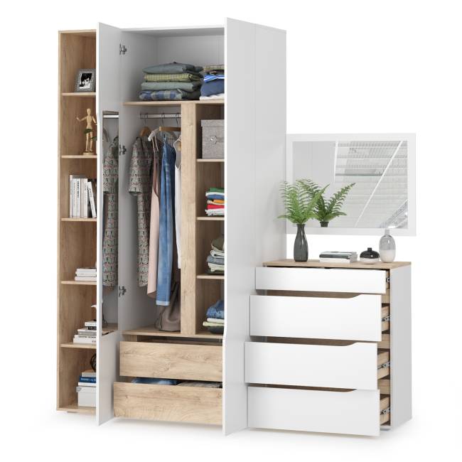Комплект Муссон Шкаф + Стеллаж + Комод + Зеркало цвет белый/дуб эндгрейн элегантный