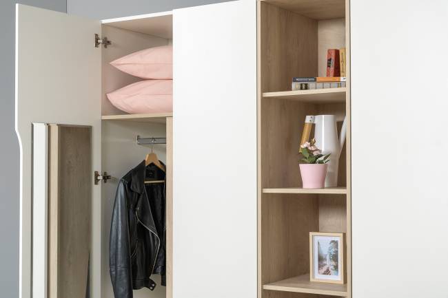 Комплект Муссон Шкаф + Стеллаж + Комод + Зеркало цвет белый/дуб эндгрейн элегантный