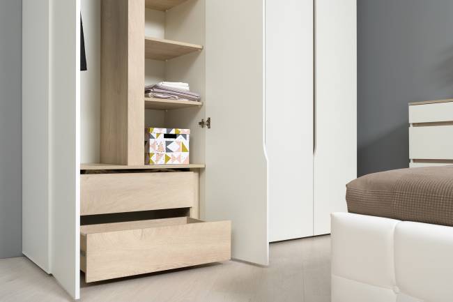 Комплект Муссон Шкаф + Стеллаж + Комод + Зеркало цвет белый/дуб эндгрейн элегантный