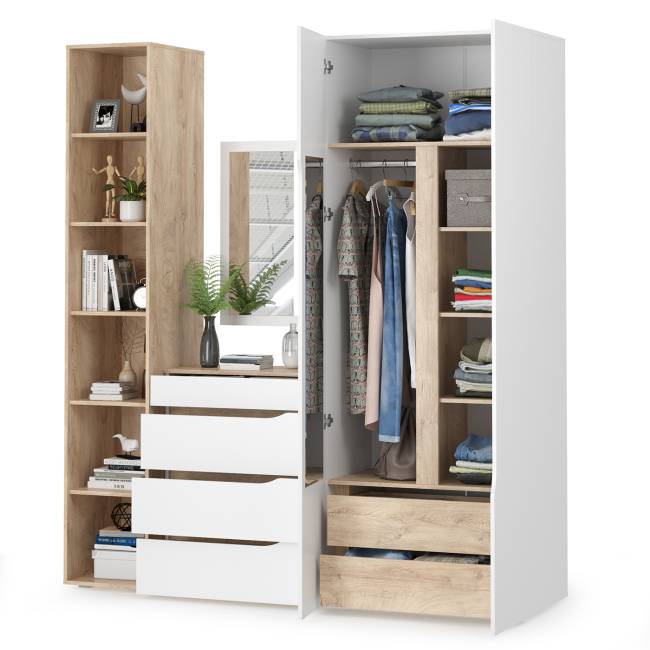 Комплект Муссон Шкаф + Стеллаж + Комод + Зеркало цвет белый/дуб эндгрейн элегантный