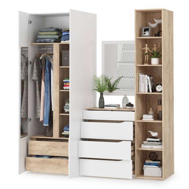 Комплект Муссон Шкаф + Стеллаж + Комод + Зеркало цвет белый/дуб эндгрейн элегантный