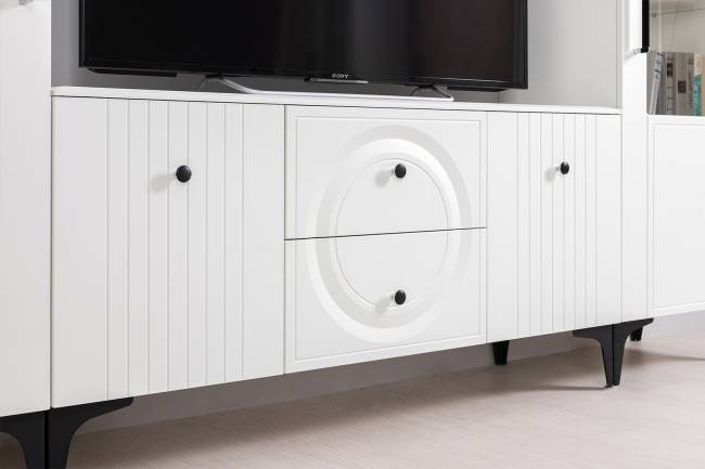 Две тумбы под ТВ с двумя полками Валенсия цвет белый шагрень