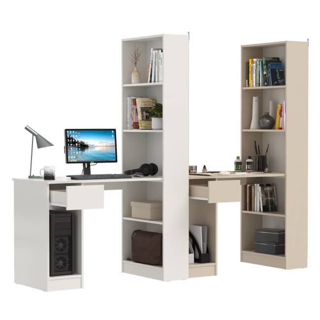 Два стола письменных с выдвижным ящиком и открытым шкафом Лайт 10.01 цвет белый гладкий/сатин Два стола письменных с выдвижным ящиком и открытым шкафом Лайт 10.01 цвет белый гладкий/сатин