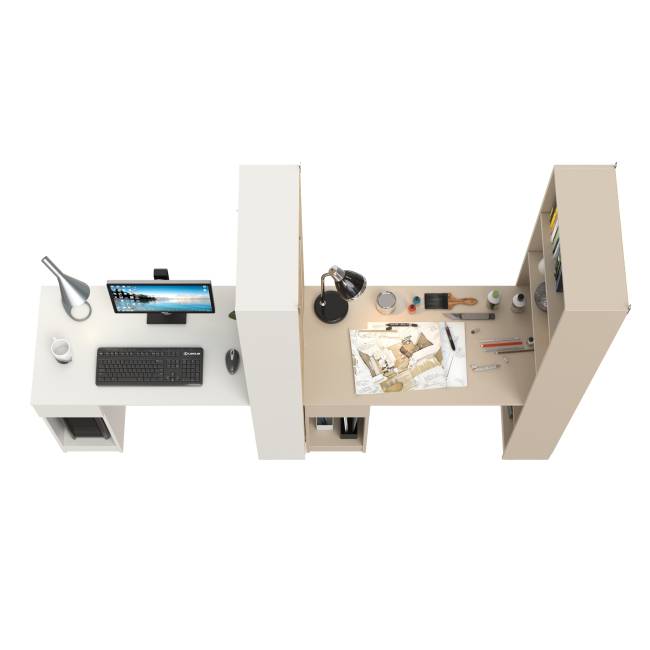 Два стола письменных с выдвижным ящиком и открытым шкафом Лайт 10.01 цвет белый гладкий/сатин Два стола письменных с выдвижным ящиком и открытым шкафом Лайт 10.01 цвет белый гладкий/сатин