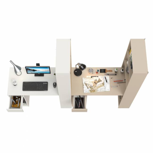 Два стола письменных с выдвижным ящиком и открытым шкафом Лайт 10.01 цвет белый гладкий/сатин Два стола письменных с выдвижным ящиком и открытым шкафом Лайт 10.01 цвет белый гладкий/сатин