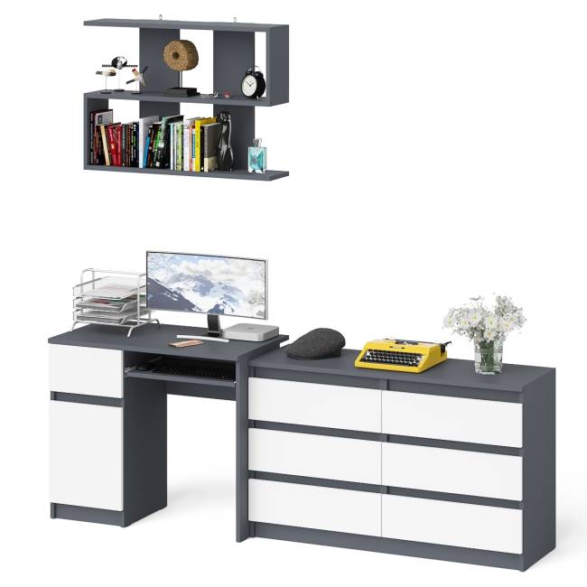 Большой комод на 6-ть ящиков Мори с компьютерным столом МС-1 левый и полка открытая на 900 цвет графит/белый Большой комод на 6-ть ящиков Мори с компьютерным столом МС-1 левый и полка открытая на 900 цвет графит/белый