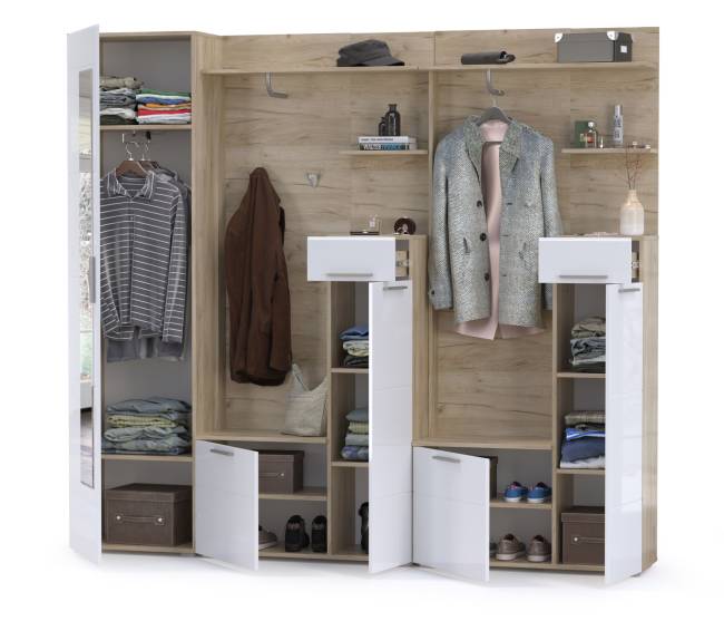 Прихожая Лайн № 3 цвет дуб крафт серый/фасады МДФ белый глянец