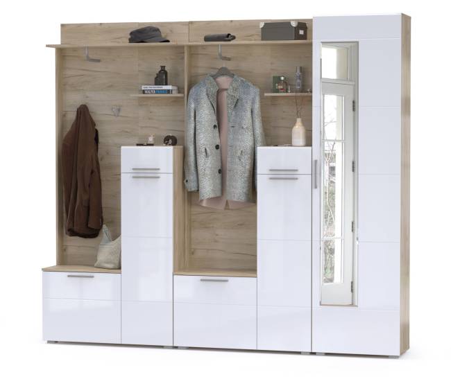 Прихожая Лайн № 3 цвет дуб крафт серый/фасады МДФ белый глянец